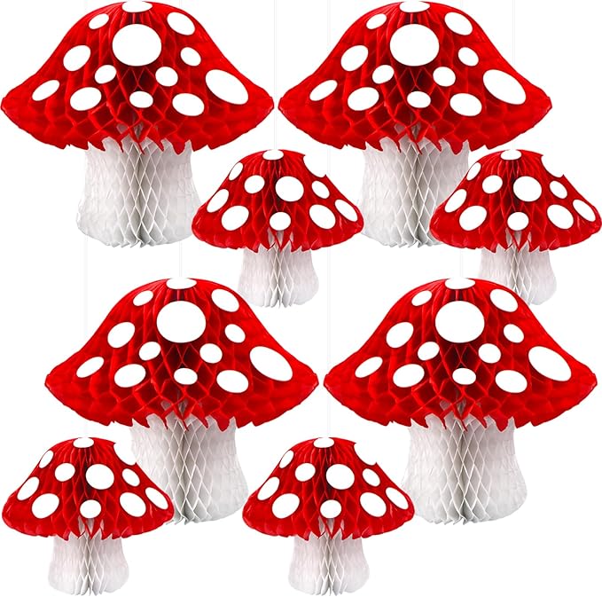 8PCS Mushroom Honeycomb Decor Mushroom Shaped Tissue Paper Pom Decorations by KAXIXI