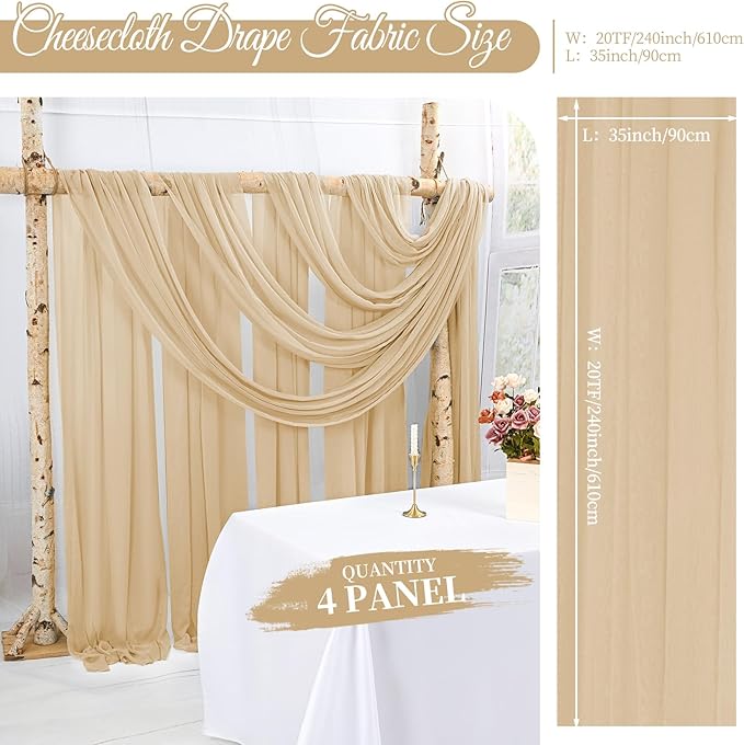 4 Panels Beige Cheesecloth Draping Fabric 35" x 20FT Gauze Fabric Arch Drapes - Image 2