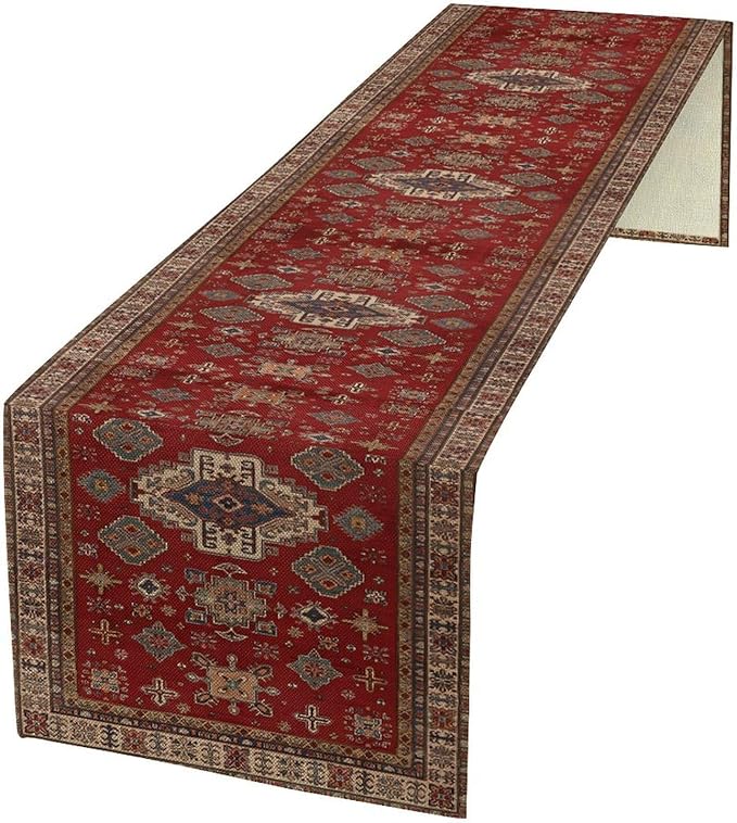 Boho Floral Vintage Table Runner, Retro Red Brown Flower Rustic Country by Unknown