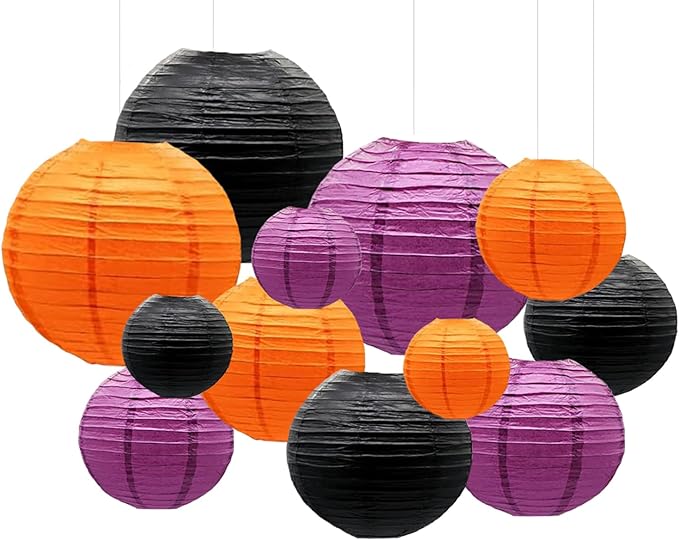 Orange Purple Black Paper Lanterns Decorative 12pcs Halloween Hanging by Capesaro