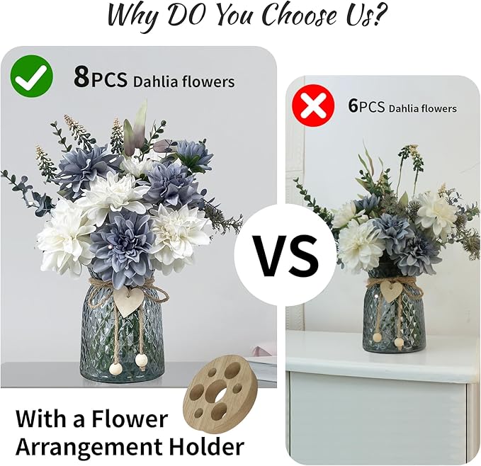 Fake Flowers in Vase, 8 Dahlias, Silk Artificial Flowers in Vase, Centerpiece - Image 2