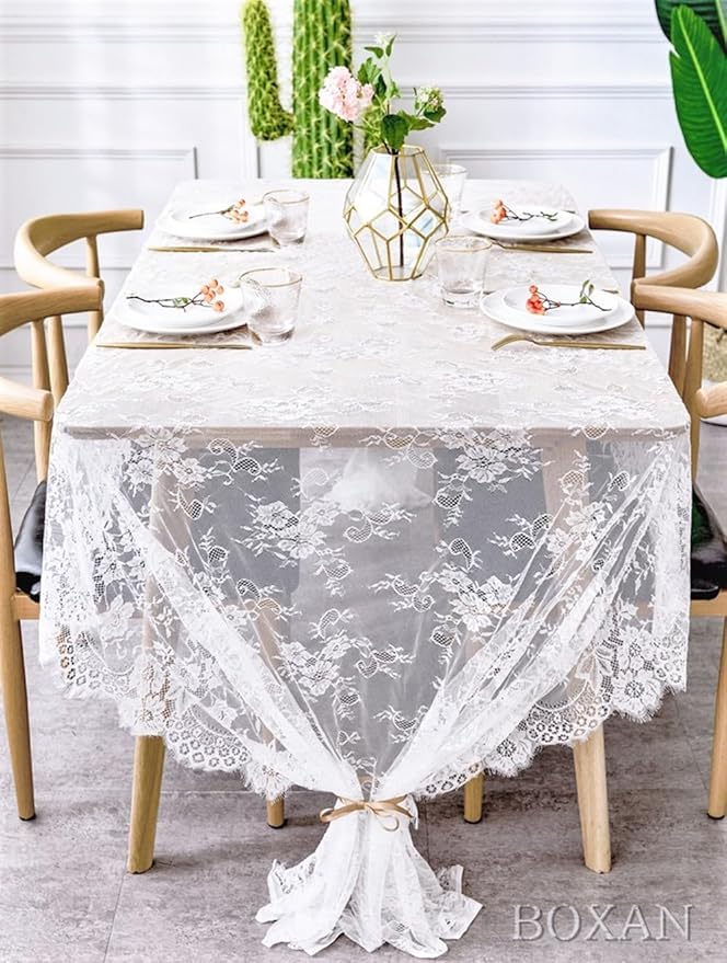 BOXAN 60x120 Inch Gorgeous White Lace Tablecloth Overlay Rose Vintage - Image 4