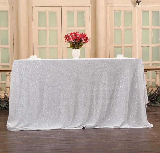 SquarePie Sequin Tablecloth 50 x 72 Inch White Sparkly Table Linen - Image 5