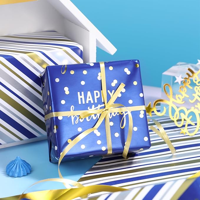 LeZakaa Reversible Blue Birthday Wrapping Paper Roll - Image 5