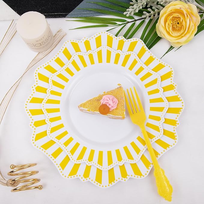 COLOSUS 150pcs Disposable White Lemon Yellow Striped Plastic Party Plates and - Image 5