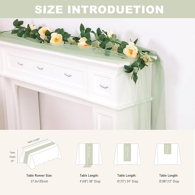 Snowkingdom Sage Green Table Runner, 10 FT Sheer Tulle Cheesecloth Gauze - Image 3