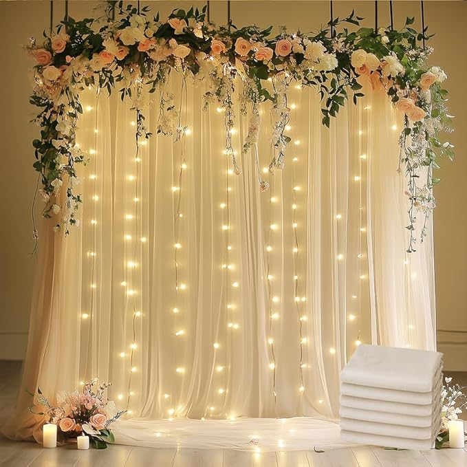 Tulle Backdrop Curtain with Lights String 30 X 10FT Champagne Sheer Tulle by Xiomot