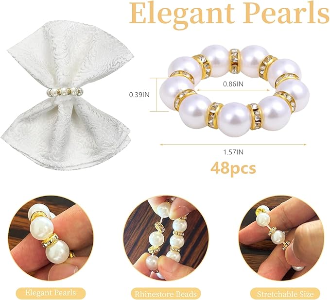 48 Pcs Gold Disposable Napkin Rings, Delicate Pearl Napkin Ring Holder - Image 2