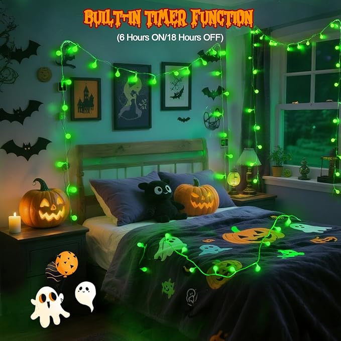 Connectable Green Halloween Lights Outdoor Indoor - 43FT 100LED Globe String - Image 5
