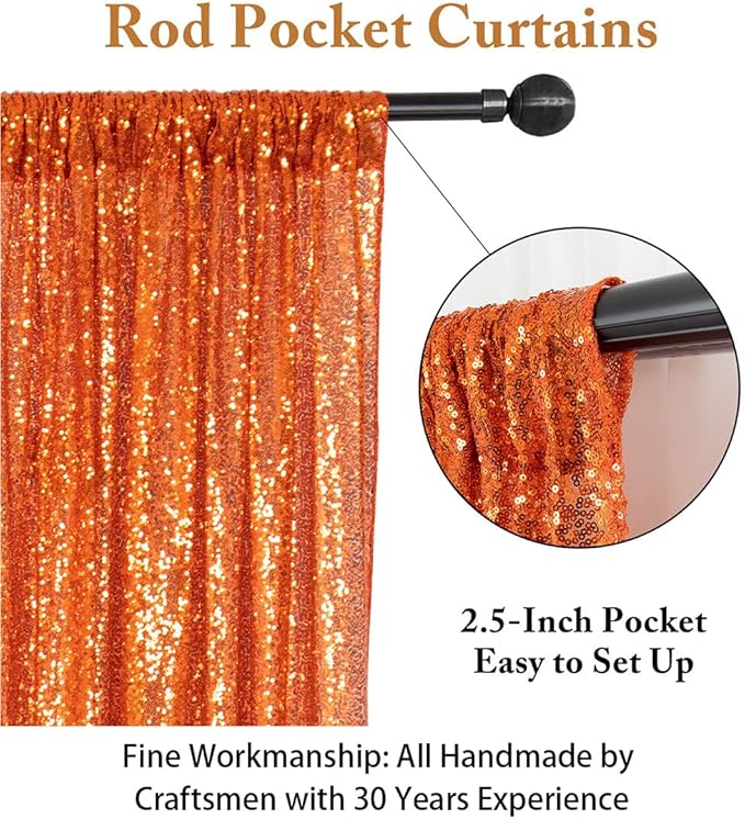 ShinyBeauty Orange Sequin Backdrop Curtains 2 Panels 2FTx8FT Orange Sparkly - Image 4