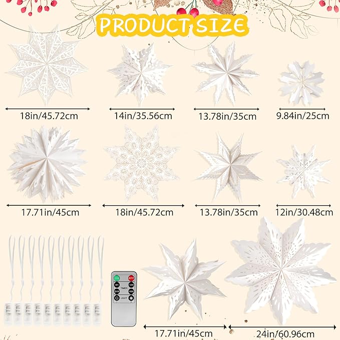 10 Pcs Christmas Paper Snowflake Lanterns, Large Christmas Paper Star Lanterns - Image 3