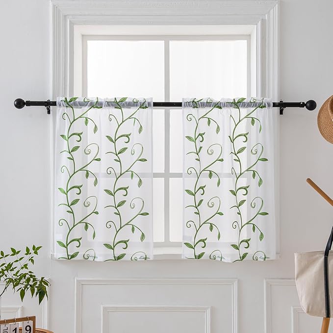 VISIONTEX White Sheer Voile Curtains, Decorative Leaves Embroidery Faux Linen by VISIONTEX
