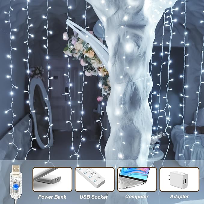 Curtain Light for Bedroom, 200LED 6.6x6.6ft White Window Wall Hanging Fairy - Image 6