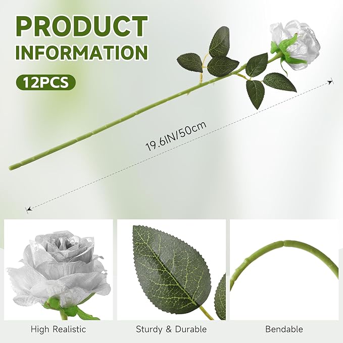 Tifuly Silver Roses Artificial Flowers -12Pcs Realistic Single Long Stem Fake - Image 2