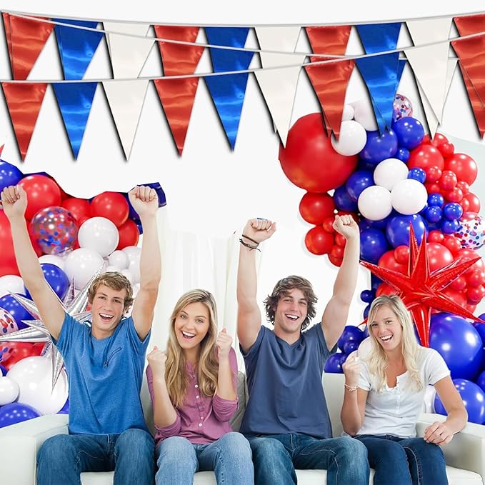40M/130FT White Blue Red Triangle Pennant Banner Flag Metallic Fabric Bunting - Image 3