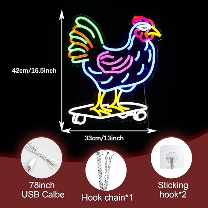Dimmable Chicken Neon Sign for Wall Decor Funny Skateboarding Rooster LED Neon - Image 2