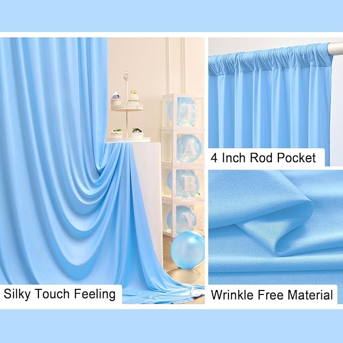 50 ft x 10 ft Wrinkle Free Blue Backdrop Curtain Panels, Polyester Photography - Image 3