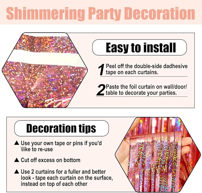 6 Pack Rose Gold Foil Fringe Curtain Backdrop, 3.28Ft x 8.2Ft Metallic Tinsel - Image 3