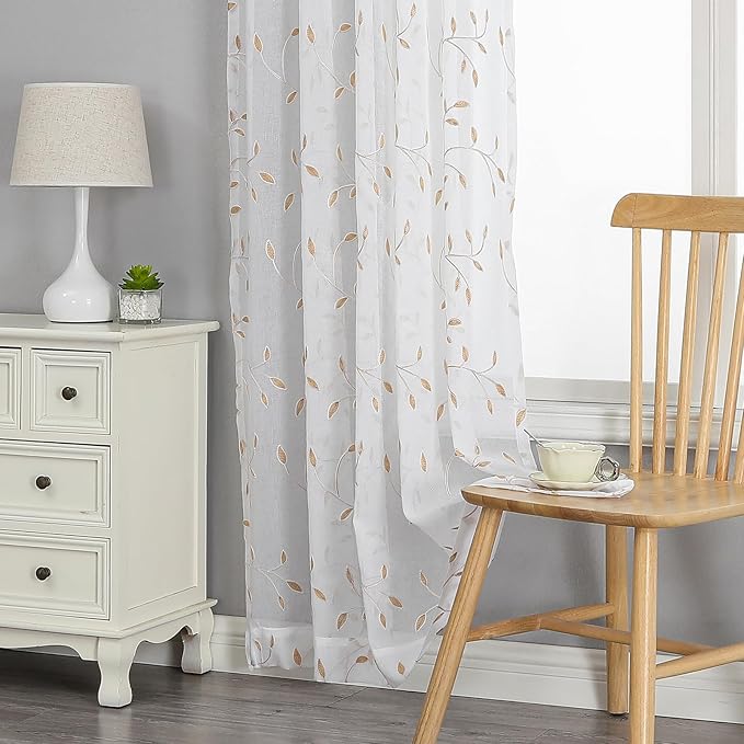 VISIONTEX White Sheer Voile Curtains, Decorative Orange Leaves Embroidery Faux - Image 7