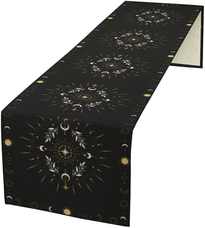 Sun Moon Table Runner, Magical Leaves Mysterious Western Traditional Elements by ShiTingYu