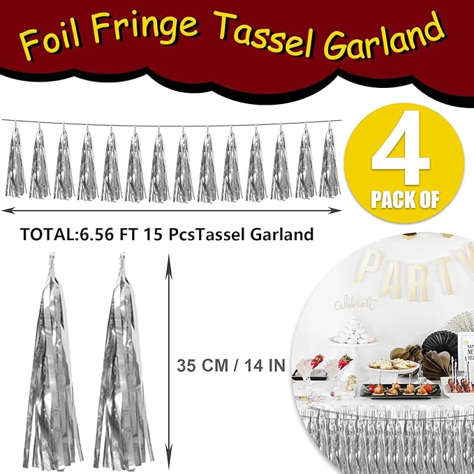 4P Silver Foil Fringe Tassel Banner Garland Metallic Tinsel Streamers Wall - Image 2