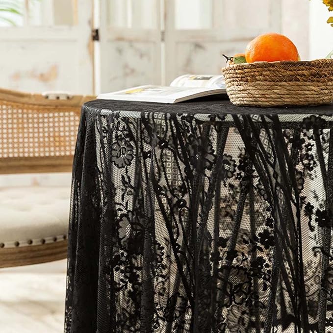 Vintage 60 inch Black Lace Tablecloth Floral Embroidered Boho Shabby Chic Small - Image 3