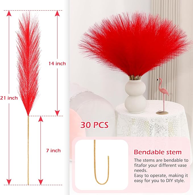 Red Pampas Grass Decor 30 Pcs 21.7 Inch Faux Pampas Grass Bulk Artificial Dried - Image 3