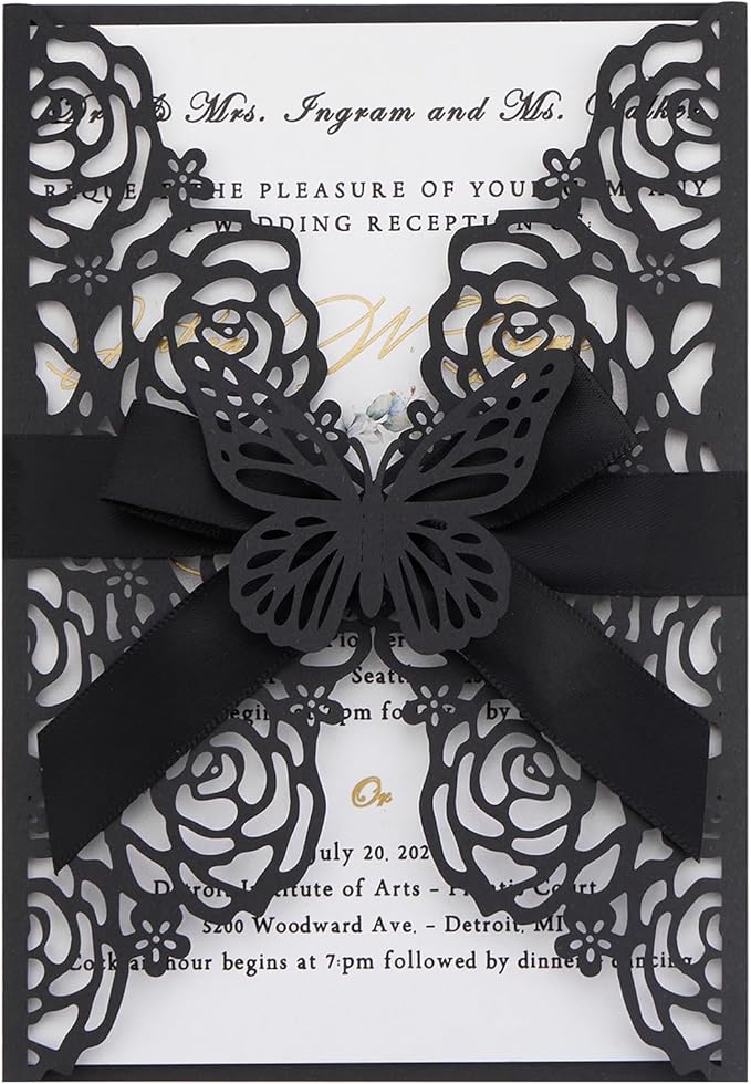 50pcs Black Wedding Invitation Kit Butterfly Laser Cut Invittations Pocket by Maffily