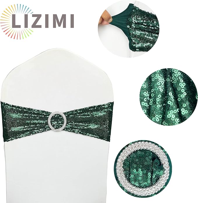 Chair Sashes Sequin Stretch Chair Bands Dark Green Spandex Polyester Bows - Image 4