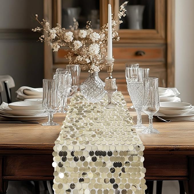 VHH Sequin Table Runner 12 x 108 inches Champagne Table Runner, Glitter Runner - Image 7
