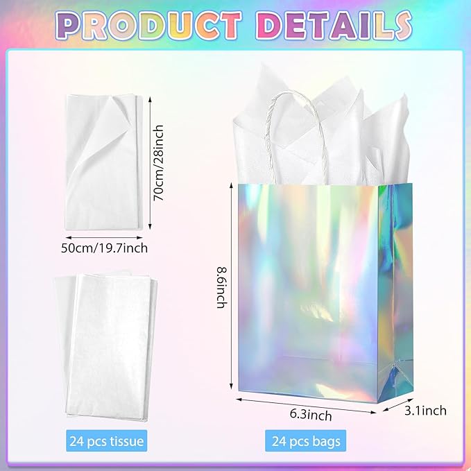 24 Pcs Iridescent Gift Bags Decorations, Holographic Foil Party Favor Bags - Image 2