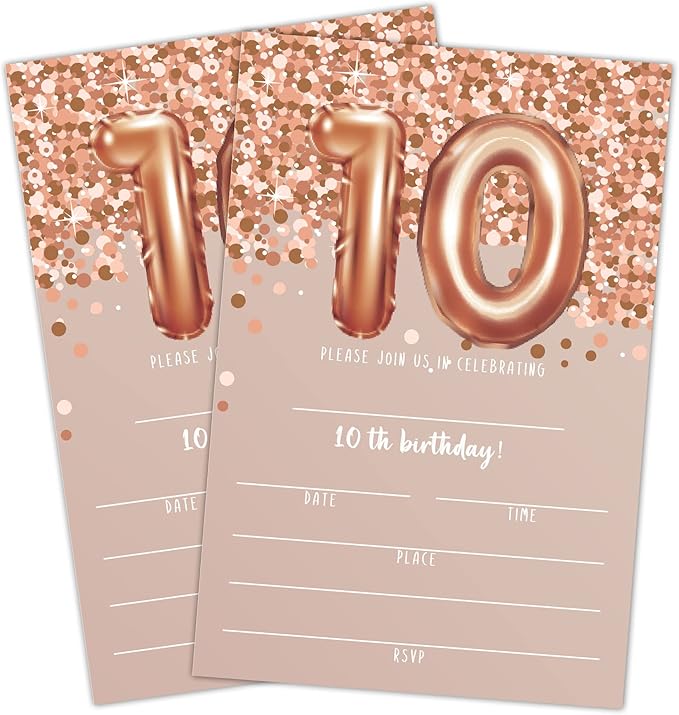 10th Birthday Invitation Cards, Rose Gold Glitter 10th Birthday Party Invites by LWBEO