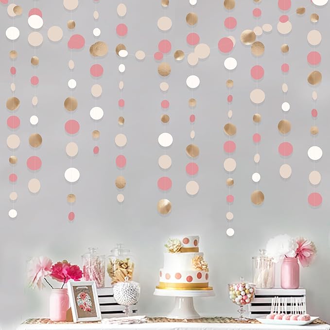 Champagne Gold Dusty Pink Decorations Circle Dots Garland Gold Pink Nude - Image 7