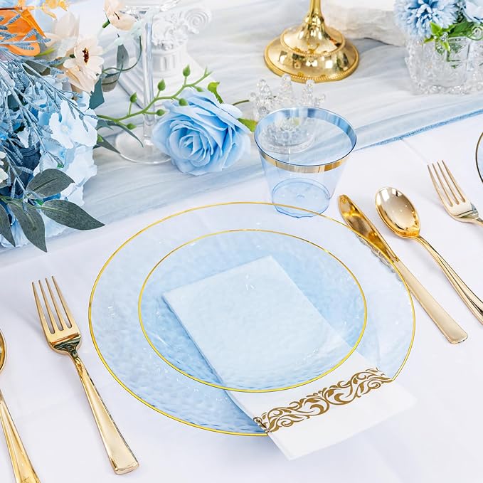 Rubtlamp 350 Pcs Clear Blue Plastic Plates, Hammered Party Plates Set - Image 6
