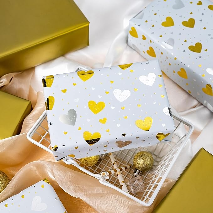 Burymento Gold Foil Heart Wrapping Paper, Reversible Gold Gift Wrap - Image 2