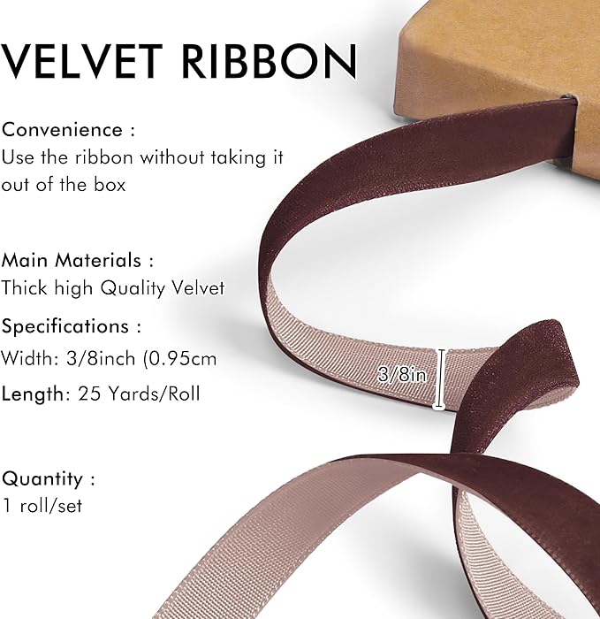 Brown Velvet Ribbon 3/8'' 25 Yards - Image 2