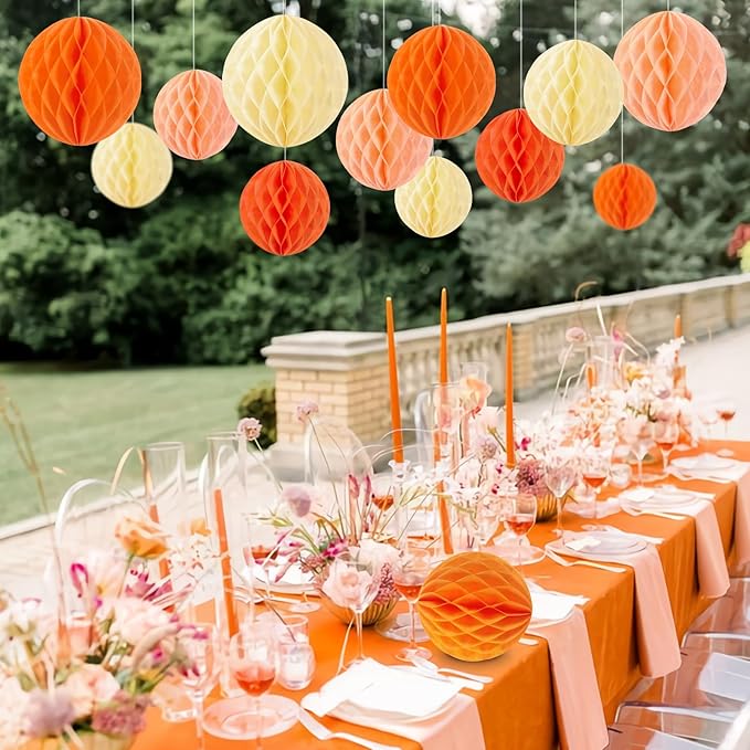 Pink and Orange Honeycomb Hanging Paper Balls, Fall Party Decoration, Groovy - Image 4