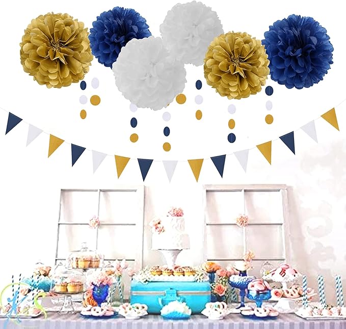 Navy Blue White Gold Party Decoration 23pcs Kits-Paper Flowers, Banner Flags - Image 6
