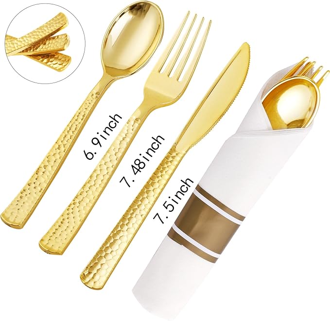 Supernal Set of 60 Wrapped Plastic Silverware Gold Pre Rolled Silverware Set - Image 2