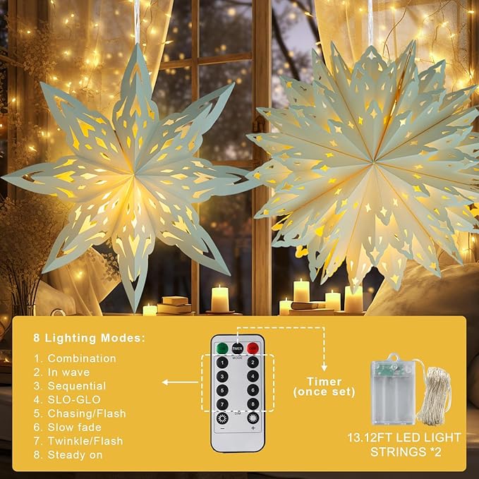 Christmas Paper Snowflake Lanterns, 2 Pack Christmas Paper Star Lantern - Image 3