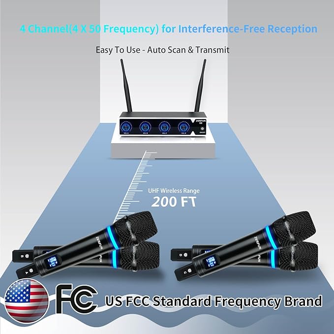 4 Channel Rechargeable Wireless Microphone System, Pro UHF Metal Handheld - Image 8