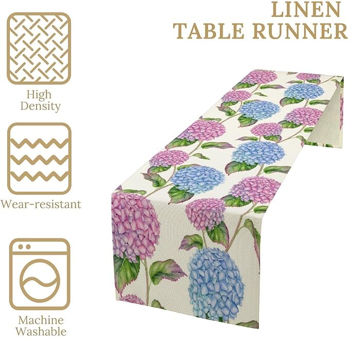 Spring Hydrangea Flower Table Runner, Seasonal Summer Plants Watercolor Pink - Image 4