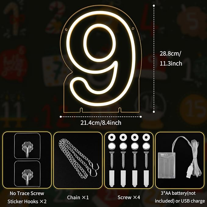 Number 9 LED Neon Sign Backdrop Birthday Party Decoration, 11.3" Height Warm - Image 3