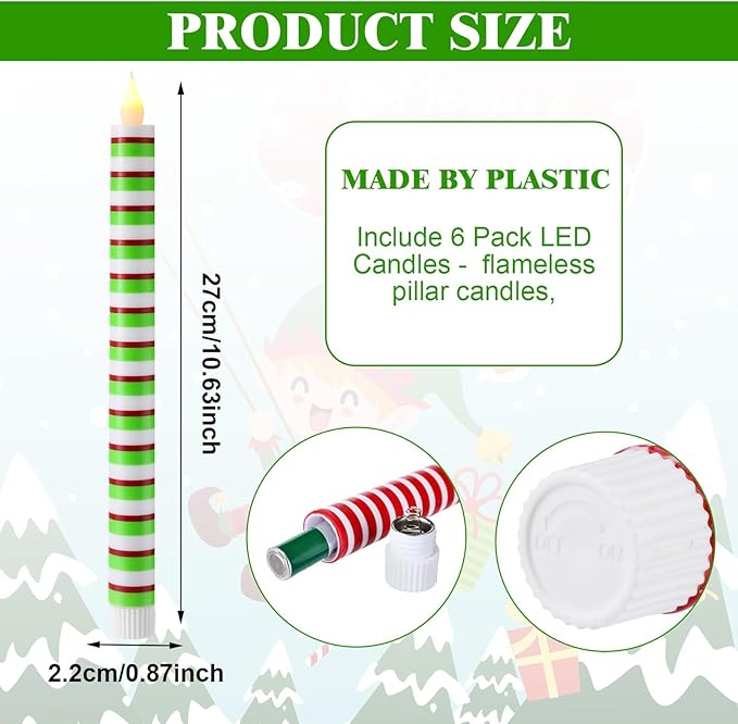 6 Pcs Christmas Flameless Taper Candles 10.6 Inch Red Green and White Striped - Image 3