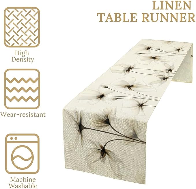 Abstract Floral Table Runner, Watercolor Transparent Beige Poppy Flowers Print - Image 3