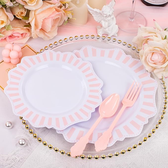 COLOSUS 150pcs Disposable Pink and White Stripped Plastic Plates and Silverware - Image 5