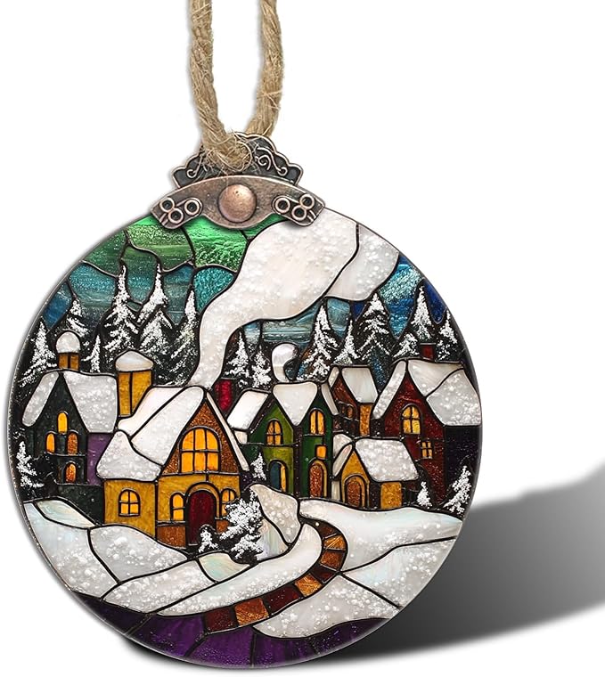 Stained Glass Christmas Decorations, Winter Snow Cabin Suncatcher by Follow