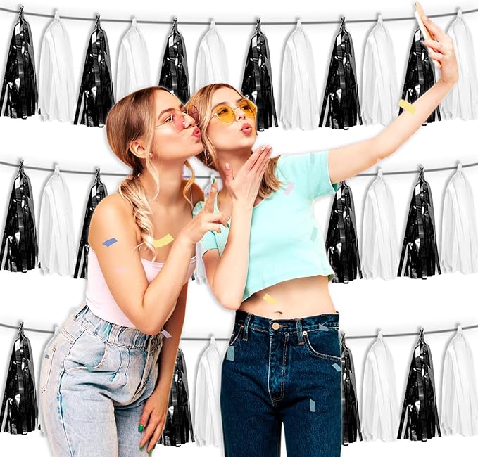 3P Black White Foil Fringe Tassel Banner Metallic Tinsel Streamer Garland Wall - Image 4