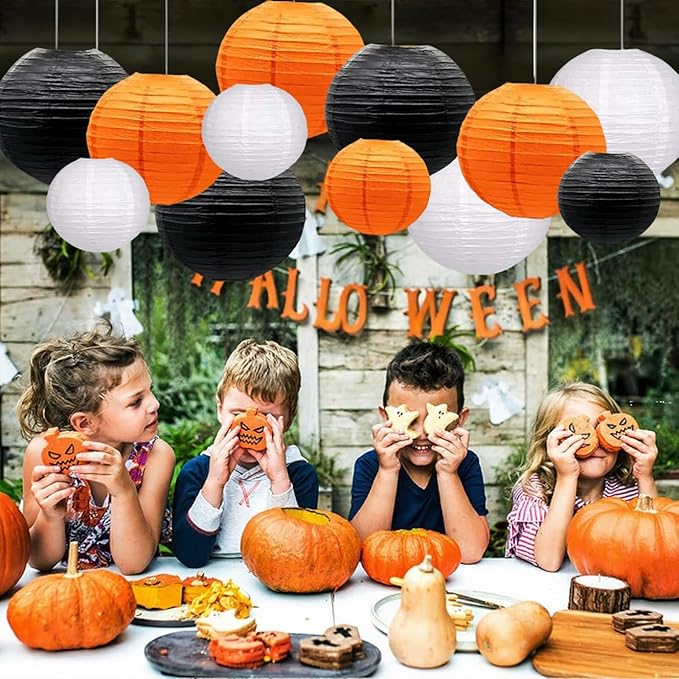 Orange Black White Paper Lanterns Decorative 12pcs Halloween Hanging Decorations - Image 7