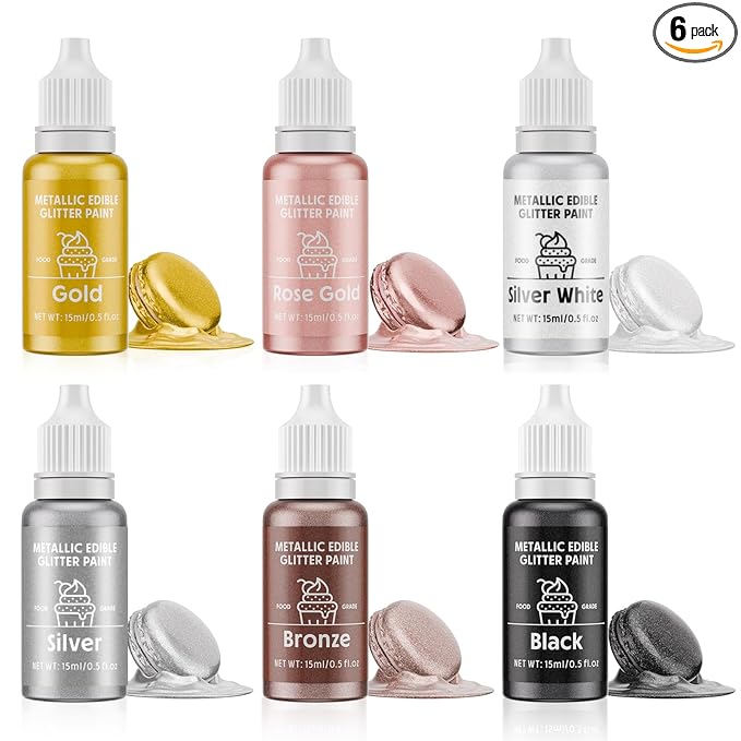 Edible Glitter Paint Set- 6 Color Food Coloring Metallic Glitter Paint by Cherrysea